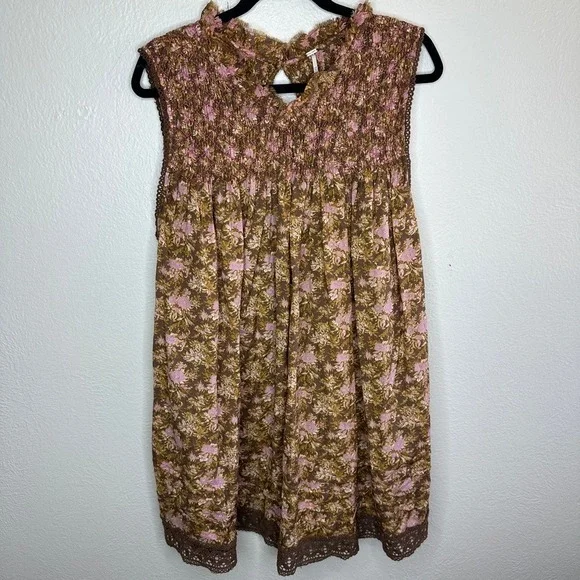 Free People Women's Shea Printed Mini Dress Floral Smocked Brown Pink Medium - Picture 4 of 9